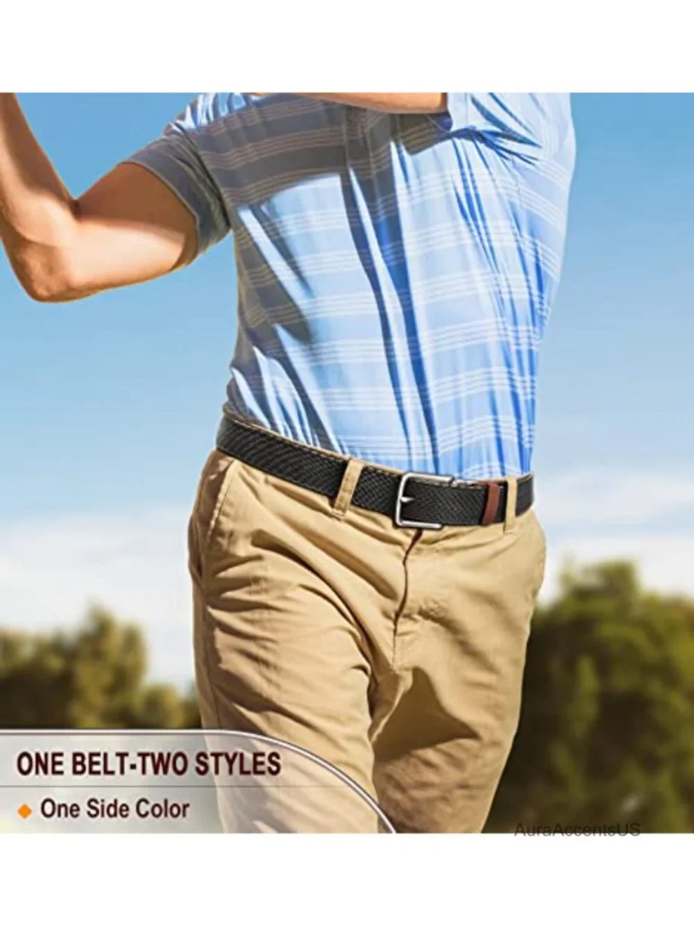 Men's Reversible Stretch Braided Woven Web Belt, 2-in-1, Holeless, Adjustable,